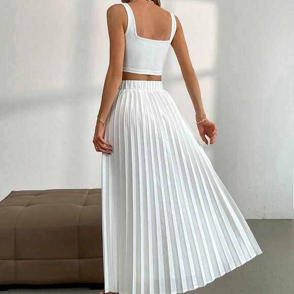 White Casual Women's Tank Top And Pleated Skirt 2-Piece Set - Picture 7 of 8